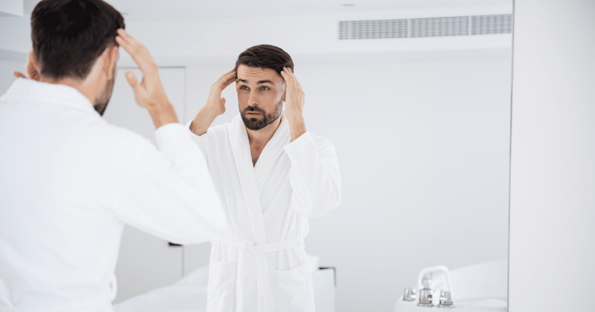 Image of a man looking at his hair in the mirror